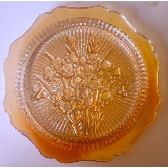 Vintage Carnival Marigold Iridescent Plate 9" Jeannette, Iris Herringbone 1930 - Picture 1 of 5